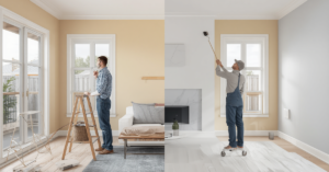 Clean masking lines vs rushed bleed-through comparison on skirting boards