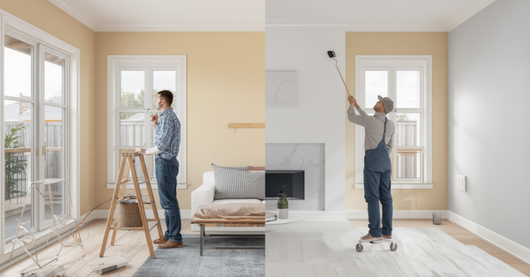 Clean masking lines vs rushed bleed-through comparison on skirting boards